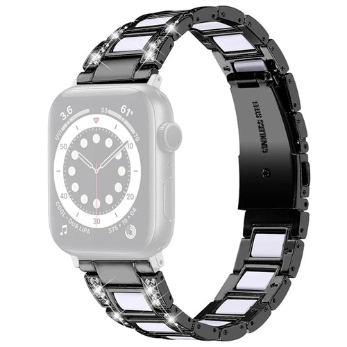 For Apple Watch Series 11 10 42mm / 9 8 7 41mm / SE3 SE2 SE 6 5 4 40mm / 3 2 1 38mm Stainless Steel Watch Band Bling Rhinestone Resin Bracelet Strap Replacement - Black / White - 1