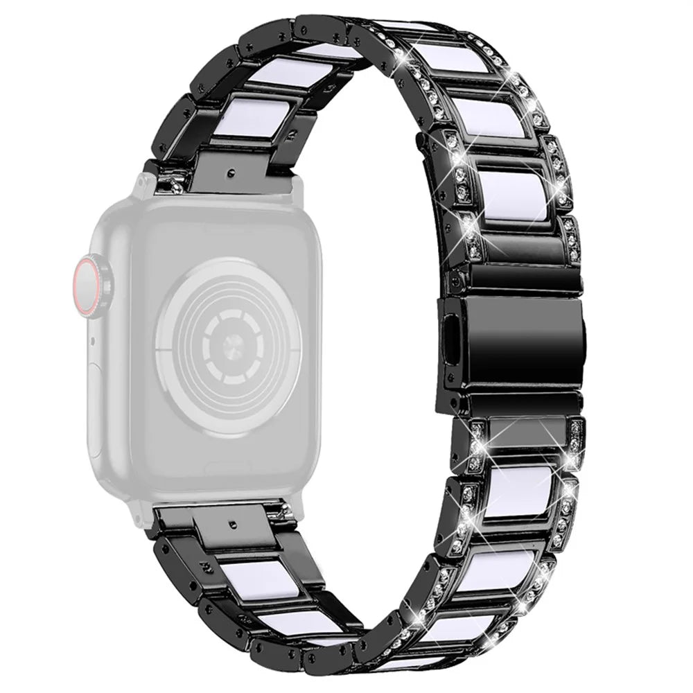 For Apple Watch Series 11 10 42mm / 9 8 7 41mm / SE3 SE2 SE 6 5 4 40mm / 3 2 1 38mm Stainless Steel Watch Band Bling Rhinestone Resin Bracelet Strap Replacement - Black / White - 2