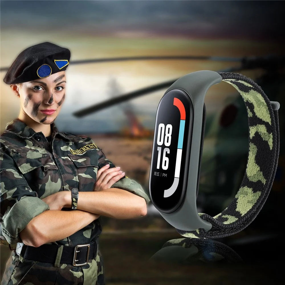 For Xiaomi Mi Band 5 / 6 / 7 Camouflage Nylon Adjustable Smart Watch Strap Replacement Wrist Band - Army Green - 3