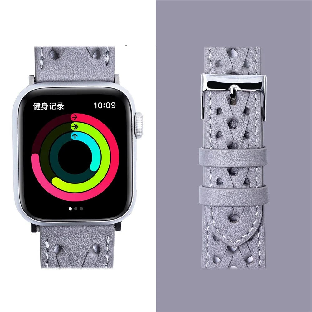 For Apple Watch Ultra 3 2 1 49mm / Series 11 10 46mm / 9 8 7 45mm / SE3 SE2 SE 6 5 4 44mm / 3 2 1 42mm Hollow-Out Woven Watch Strap Genuine Leather V-Shaped Wrist Band - Grey - 2