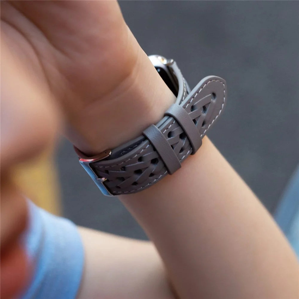 For Apple Watch Ultra 3 2 1 49mm / Series 11 10 46mm / 9 8 7 45mm / SE3 SE2 SE 6 5 4 44mm / 3 2 1 42mm Hollow-Out Woven Watch Strap Genuine Leather V-Shaped Wrist Band - Grey - 3