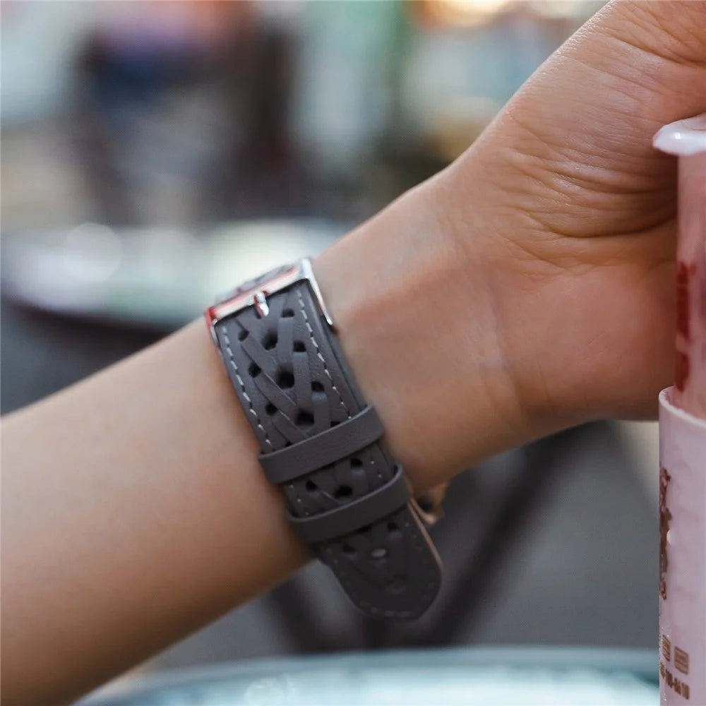 For Apple Watch Ultra 3 2 1 49mm / Series 11 10 46mm / 9 8 7 45mm / SE3 SE2 SE 6 5 4 44mm / 3 2 1 42mm Hollow-Out Woven Watch Strap Genuine Leather V-Shaped Wrist Band - Grey - 5