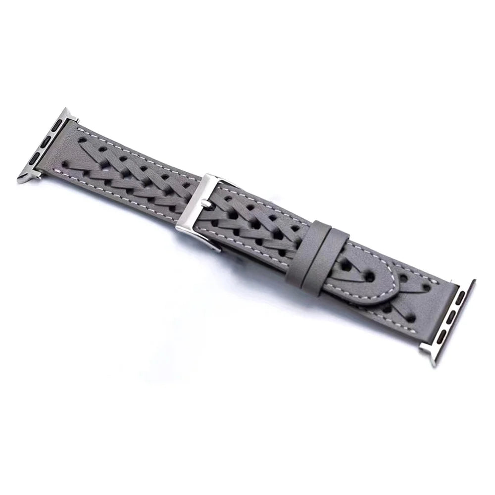 For Apple Watch Series 11 10 42mm / 9 8 7 41mm / SE3 SE2 SE 6 5 4 40mm / 3 2 1 38mm V-Shaped Woven Watch Strap Genuine Leather Wrist Band - Grey - 1