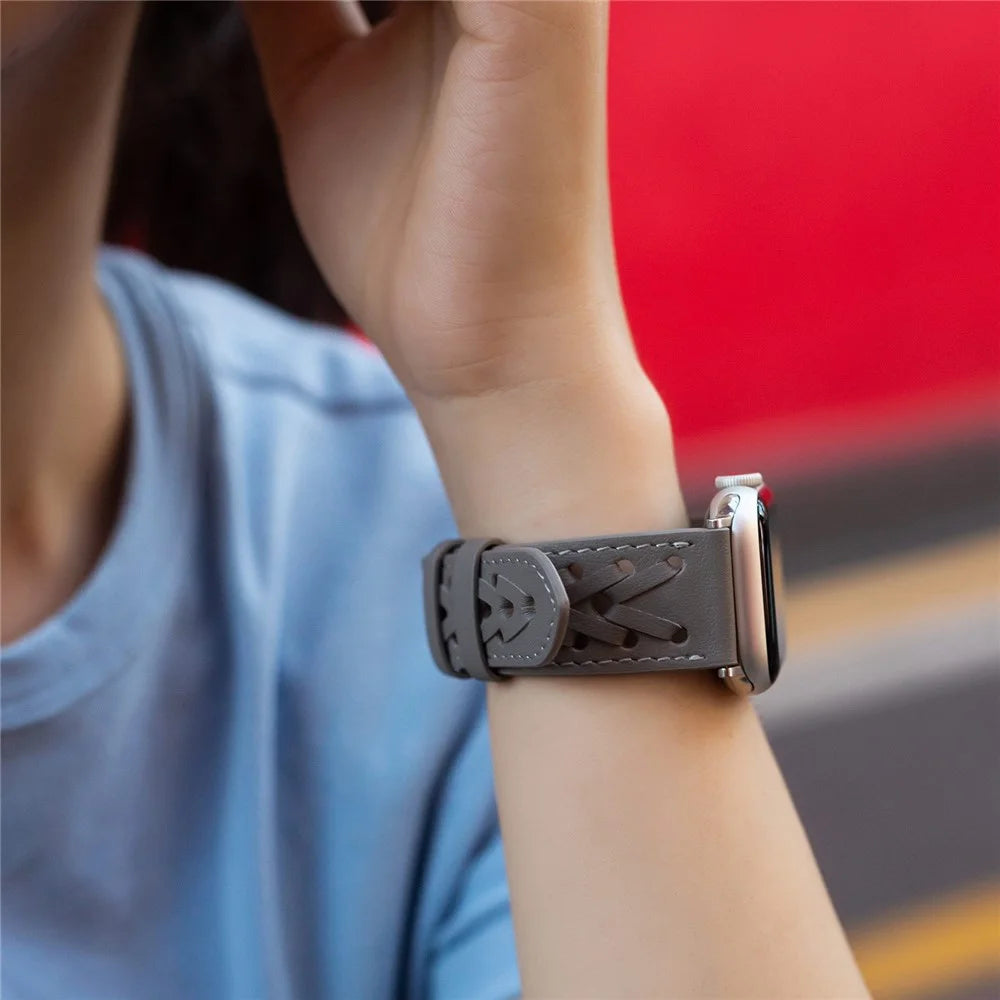 For Apple Watch Series 11 10 42mm / 9 8 7 41mm / SE3 SE2 SE 6 5 4 40mm / 3 2 1 38mm V-Shaped Woven Watch Strap Genuine Leather Wrist Band - Grey - 4
