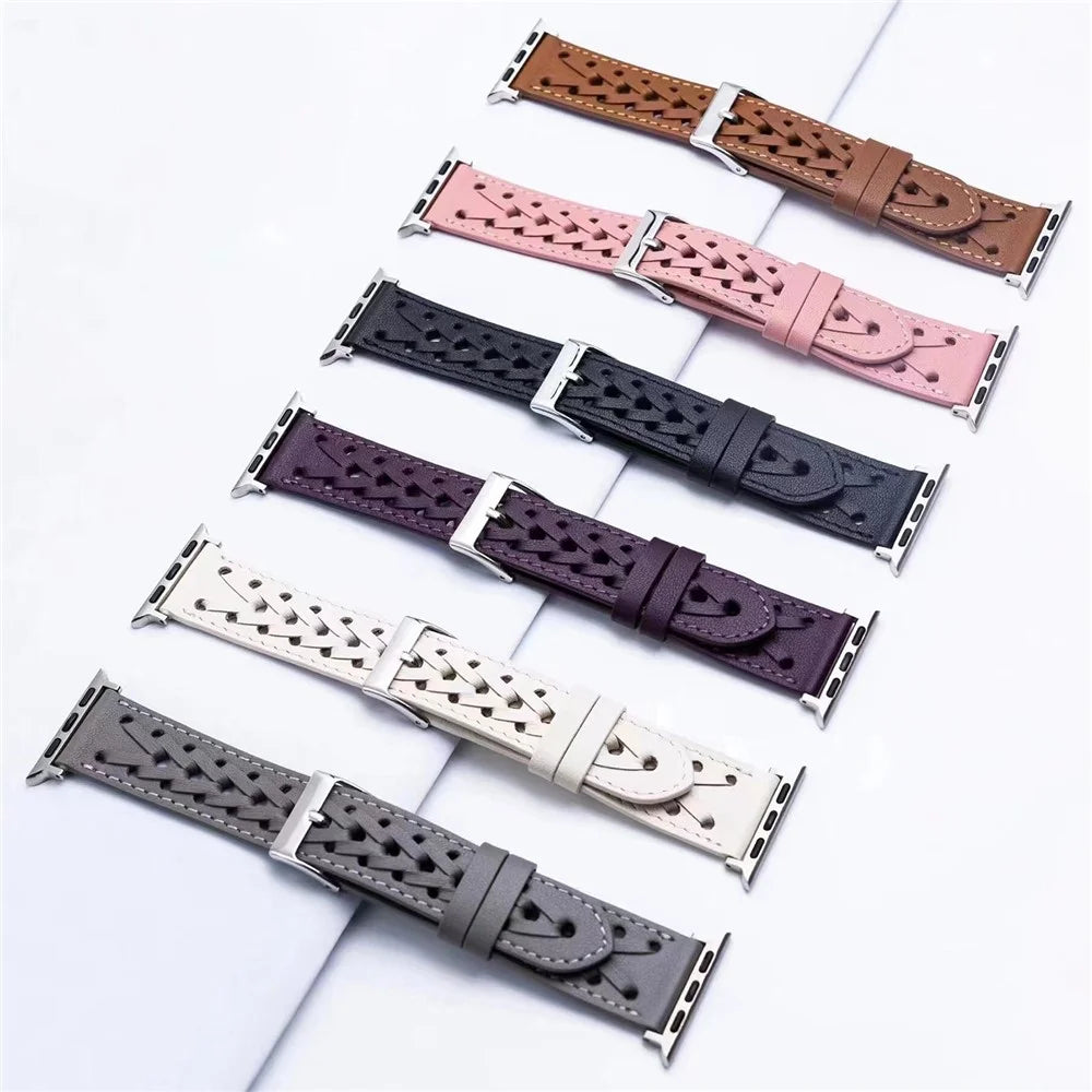 For Apple Watch Series 11 10 42mm / 9 8 7 41mm / SE3 SE2 SE 6 5 4 40mm / 3 2 1 38mm V-Shaped Woven Watch Strap Genuine Leather Wrist Band - Grey - 6