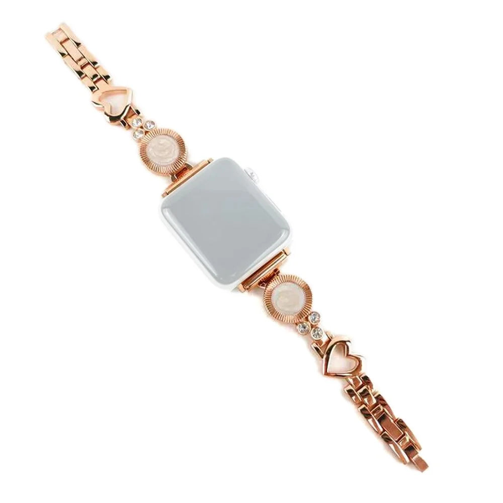 For Apple Watch Ultra 3 2 1 49mm / Series 11 10 46mm / 9 8 7 45mm / SE3 SE2 SE 6 5 4 44mm / 3 2 1 42mm Metal Heart Ethnic Style Bracelet Rhinestone Decor Wrist Strap Watch Band - Rose Gold - 1