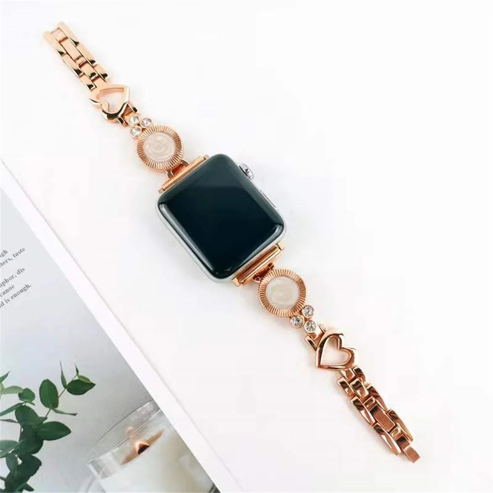 For Apple Watch Series 11 10 42mm / 9 8 7 41mm / SE3 SE2 SE 6 5 4 40mm / 3 2 1 38mm Ethnic Style Metal Watch Band Heart Rhinestone Decor Bracelet Wrist Strap - Rose Gold - 2
