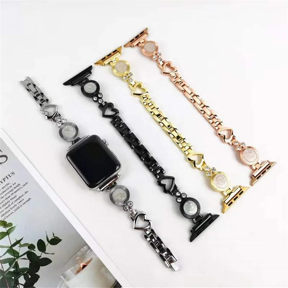 For Apple Watch Series 11 10 42mm / 9 8 7 41mm / SE3 SE2 SE 6 5 4 40mm / 3 2 1 38mm Ethnic Style Metal Watch Band Heart Rhinestone Decor Bracelet Wrist Strap - Rose Gold - 4