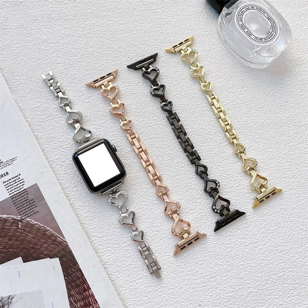 For Apple Watch Ultra 3 2 1 49mm / Series 11 10 46mm / 9 8 7 45mm / SE3 SE2 SE 6 5 4 44mm / 3 2 1 42mm Metal Heart Bracelet Rhinestone Decor Watch Band Wrist Strap - Silver - 4