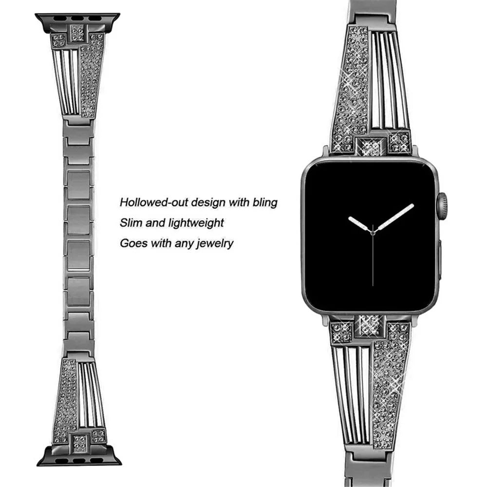 For Apple Watch Ultra 3 2 1 49mm / Series 11 10 46mm / 9 8 7 45mm / SE3 SE2 SE 6 5 4 44mm / 3 2 1 42mm Hollow-Out Wrist Strap Metal Rhinestone Decor Smart Watch Band - Black - 3