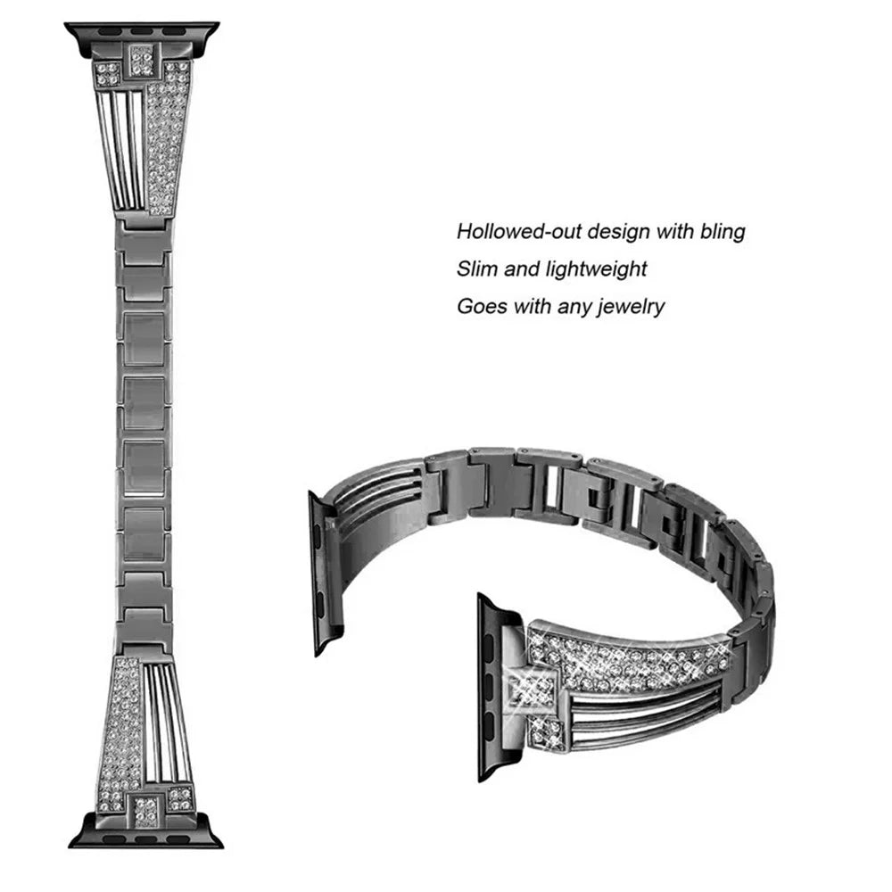 For Apple Watch Ultra 3 2 1 49mm / Series 11 10 46mm / 9 8 7 45mm / SE3 SE2 SE 6 5 4 44mm / 3 2 1 42mm Hollow-Out Wrist Strap Metal Rhinestone Decor Smart Watch Band - Black - 4
