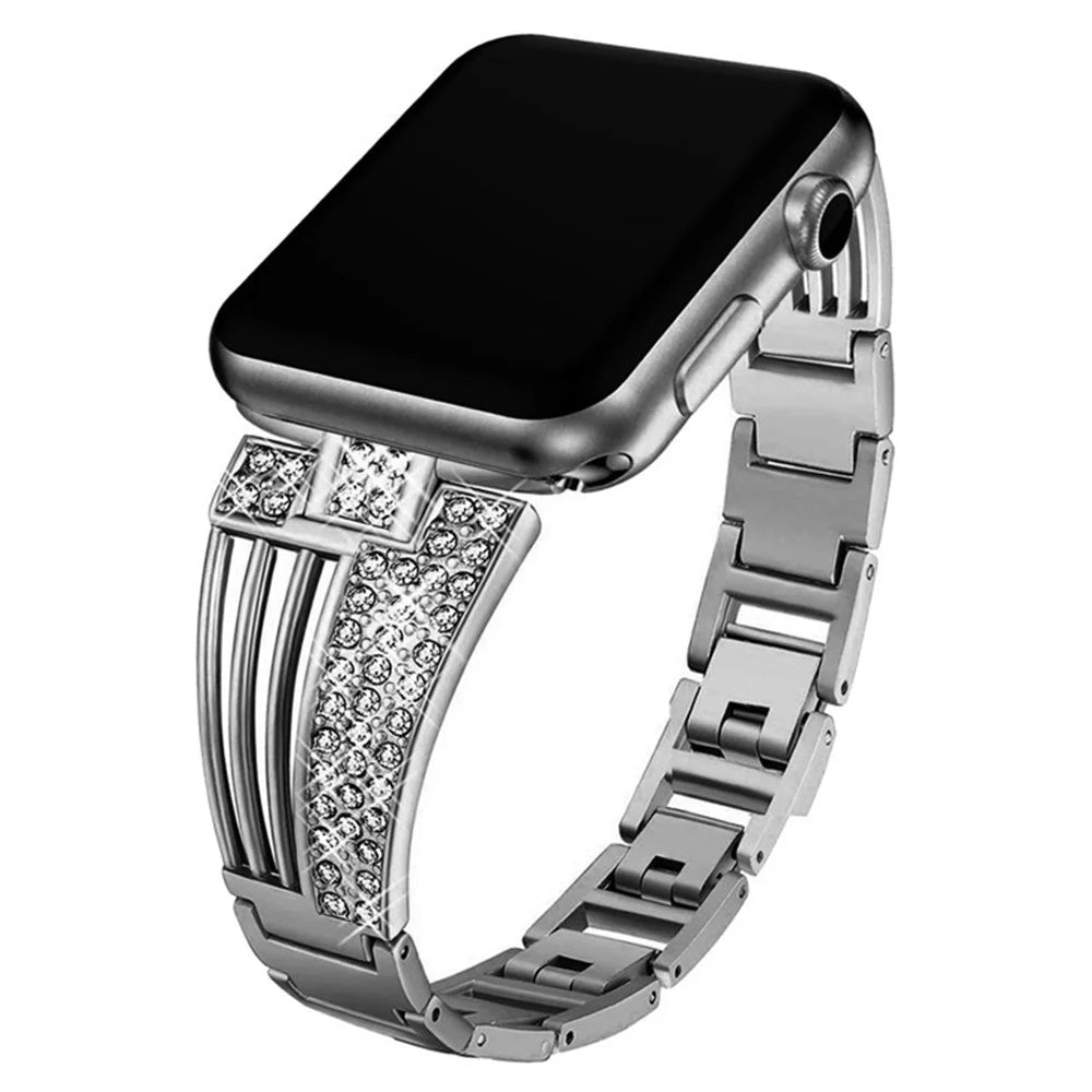 For Apple Watch Series 11 10 42mm / 9 8 7 41mm / SE3 SE2 SE 6 5 4 40mm / 3 2 1 38mm Metal Rhinestone Decor Lightweight Smart Watch Band Hollow-Out Wrist Strap - Black - 2