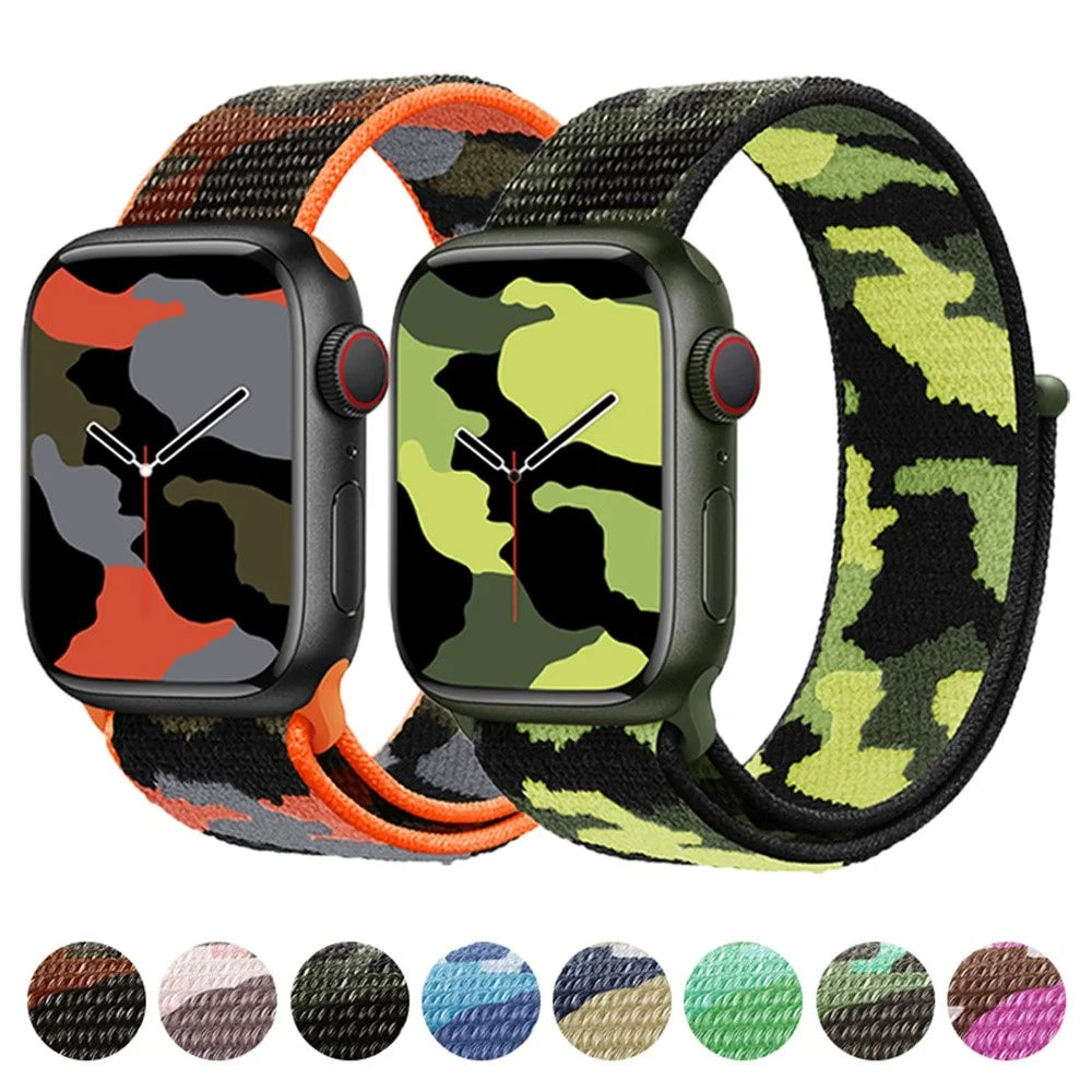 For Apple Watch Series 11 10 42mm / 9 8 7 41mm / SE3 SE2 SE 6 5 4 40mm / 3 2 1 38mm Camouflage Nylon Watch Strap Replacement Adjustable Wrist Band - Army Green - 5
