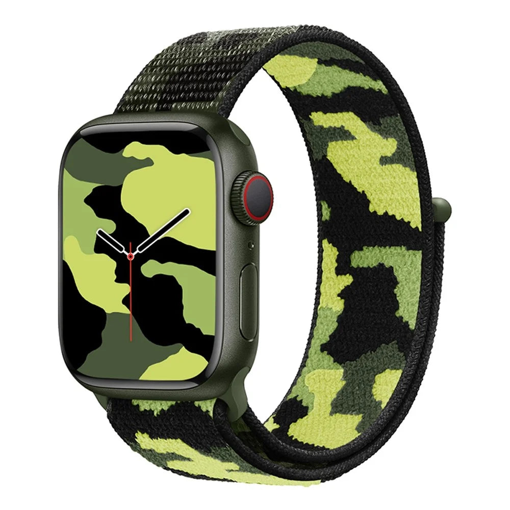 For Apple Watch Ultra 3 2 1 49mm / Series 11 10 46mm / 9 8 7 45mm / SE3 SE2 SE 6 5 4 44mm / 3 2 1 42mm Nylon Smart Watch Strap Camouflage Adjustable Wrist Band - Army Green - 2