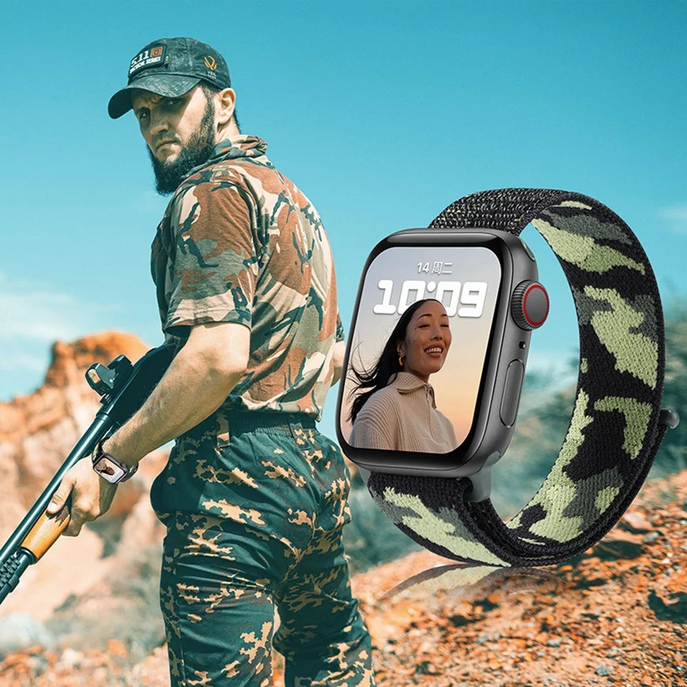 For Apple Watch Ultra 3 2 1 49mm / Series 11 10 46mm / 9 8 7 45mm / SE3 SE2 SE 6 5 4 44mm / 3 2 1 42mm Nylon Smart Watch Strap Camouflage Adjustable Wrist Band - Army Green - 4