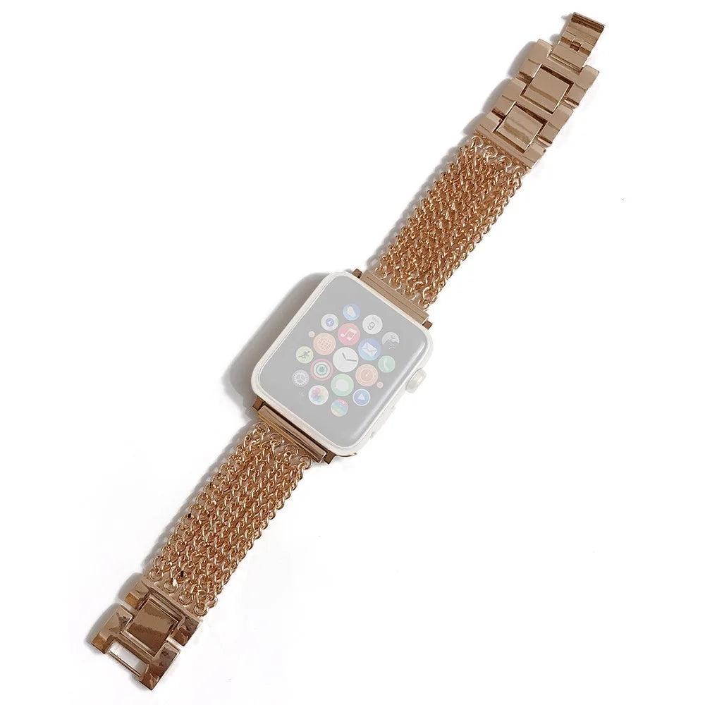 For Apple Watch Series 11 10 42mm / 9 8 7 41mm / SE3 SE2 SE 6 5 4 40mm / 3 2 1 38mm Stainless Steel Multiple Chains Smart Watch Band Hollow-Out Wrist Strap - Rose Gold - 1