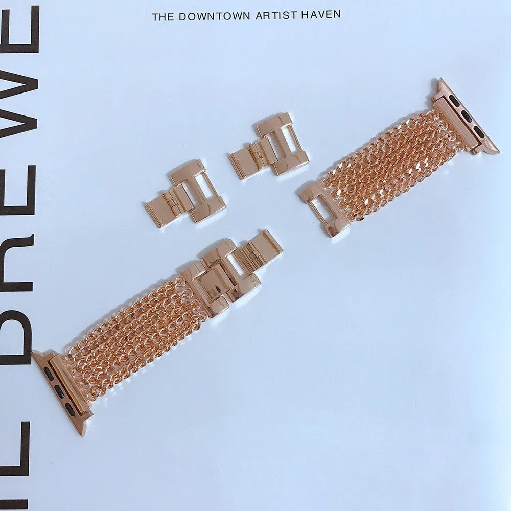 For Apple Watch Series 11 10 42mm / 9 8 7 41mm / SE3 SE2 SE 6 5 4 40mm / 3 2 1 38mm Stainless Steel Multiple Chains Smart Watch Band Hollow-Out Wrist Strap - Rose Gold - 2
