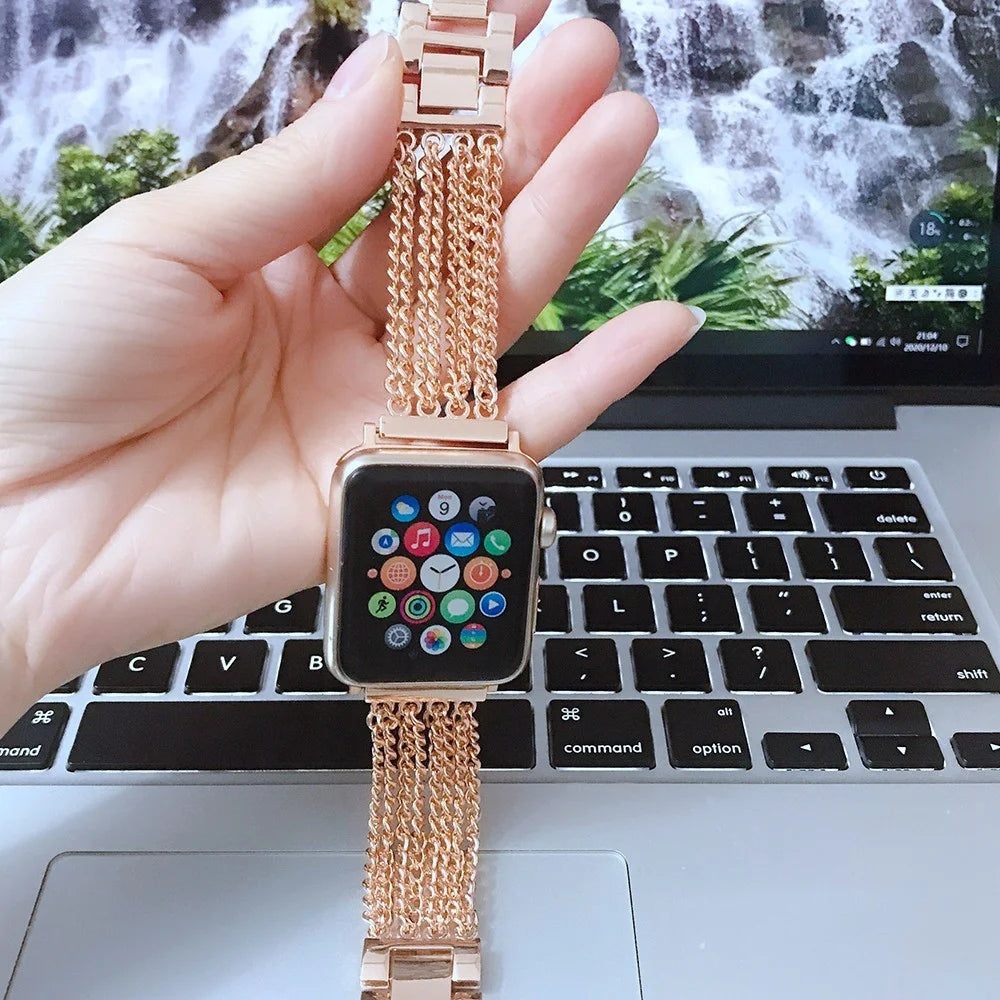 For Apple Watch Series 11 10 42mm / 9 8 7 41mm / SE3 SE2 SE 6 5 4 40mm / 3 2 1 38mm Stainless Steel Multiple Chains Smart Watch Band Hollow-Out Wrist Strap - Rose Gold - 3