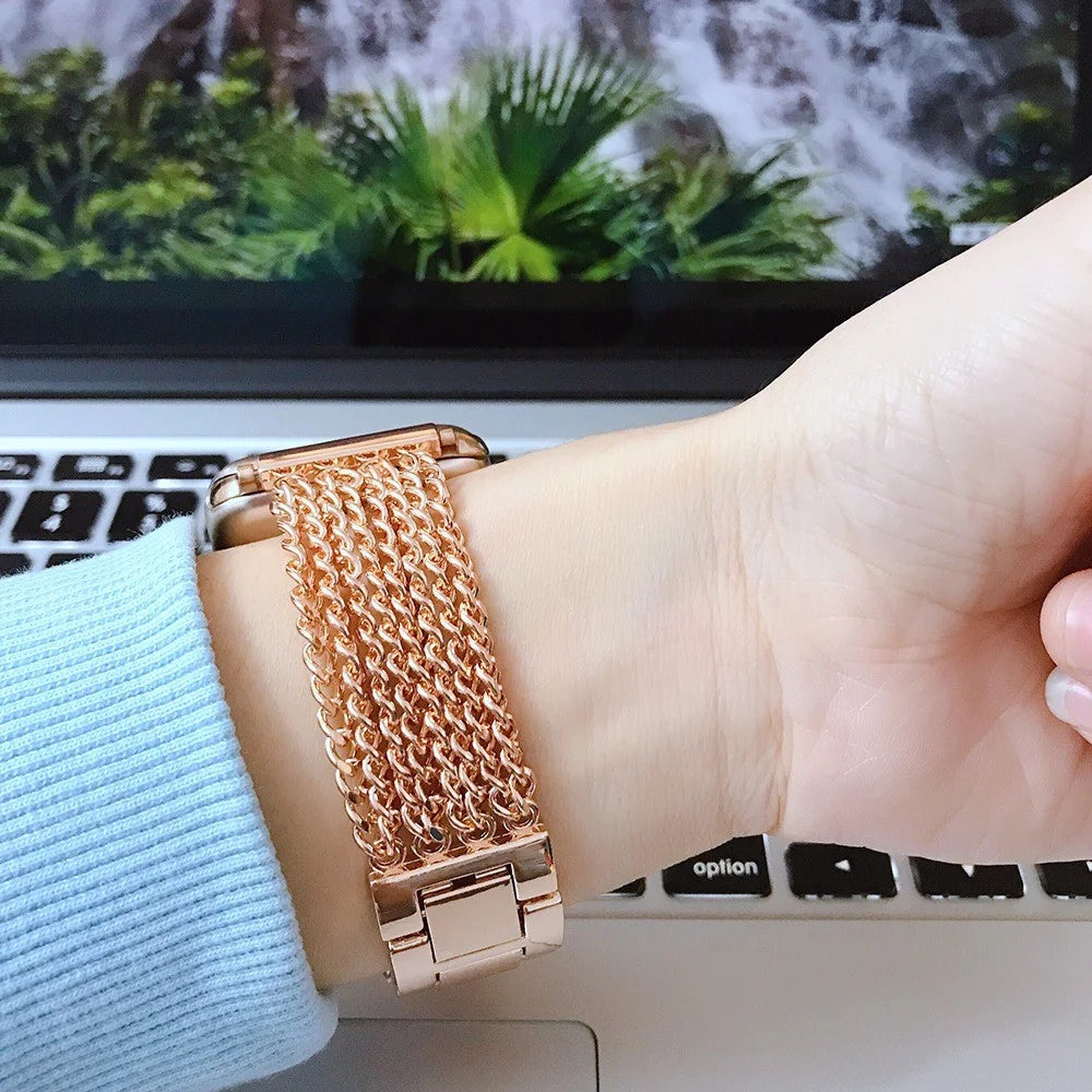 For Apple Watch Series 11 10 42mm / 9 8 7 41mm / SE3 SE2 SE 6 5 4 40mm / 3 2 1 38mm Stainless Steel Multiple Chains Smart Watch Band Hollow-Out Wrist Strap - Rose Gold - 4