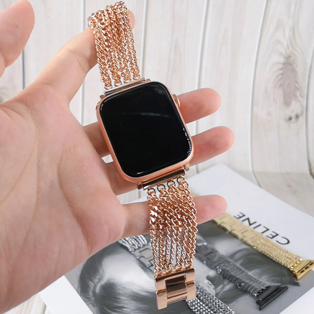 For Apple Watch Series 11 10 42mm / 9 8 7 41mm / SE3 SE2 SE 6 5 4 40mm / 3 2 1 38mm Stainless Steel Multiple Chains Smart Watch Band Hollow-Out Wrist Strap - Rose Gold - 5