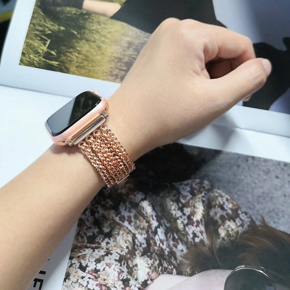 For Apple Watch Series 11 10 42mm / 9 8 7 41mm / SE3 SE2 SE 6 5 4 40mm / 3 2 1 38mm Stainless Steel Multiple Chains Smart Watch Band Hollow-Out Wrist Strap - Rose Gold - 7