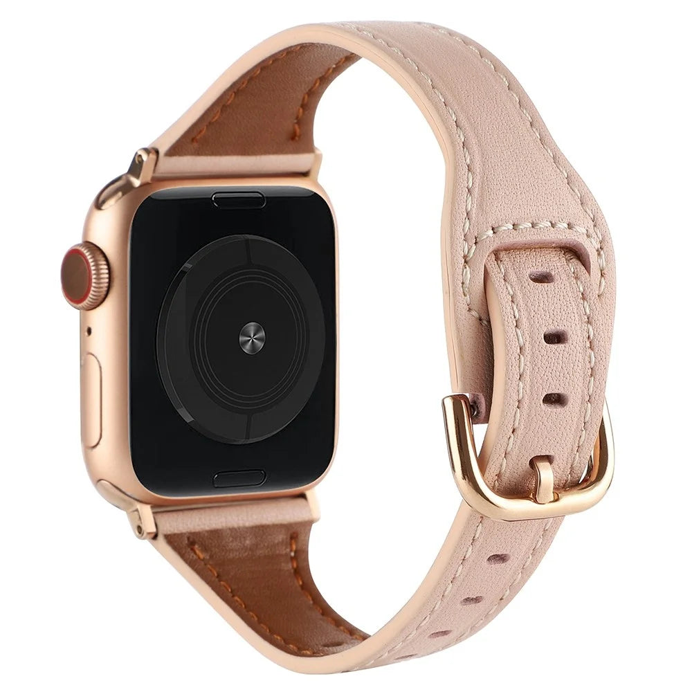 For Apple Watch Series 11 10 42mm / 9 8 7 41mm / SE3 SE2 SE 6 5 4 40mm / 3 2 1 38mm T-Shaped Watch Strap Genuine Leather Wrist Band - Pink - 1