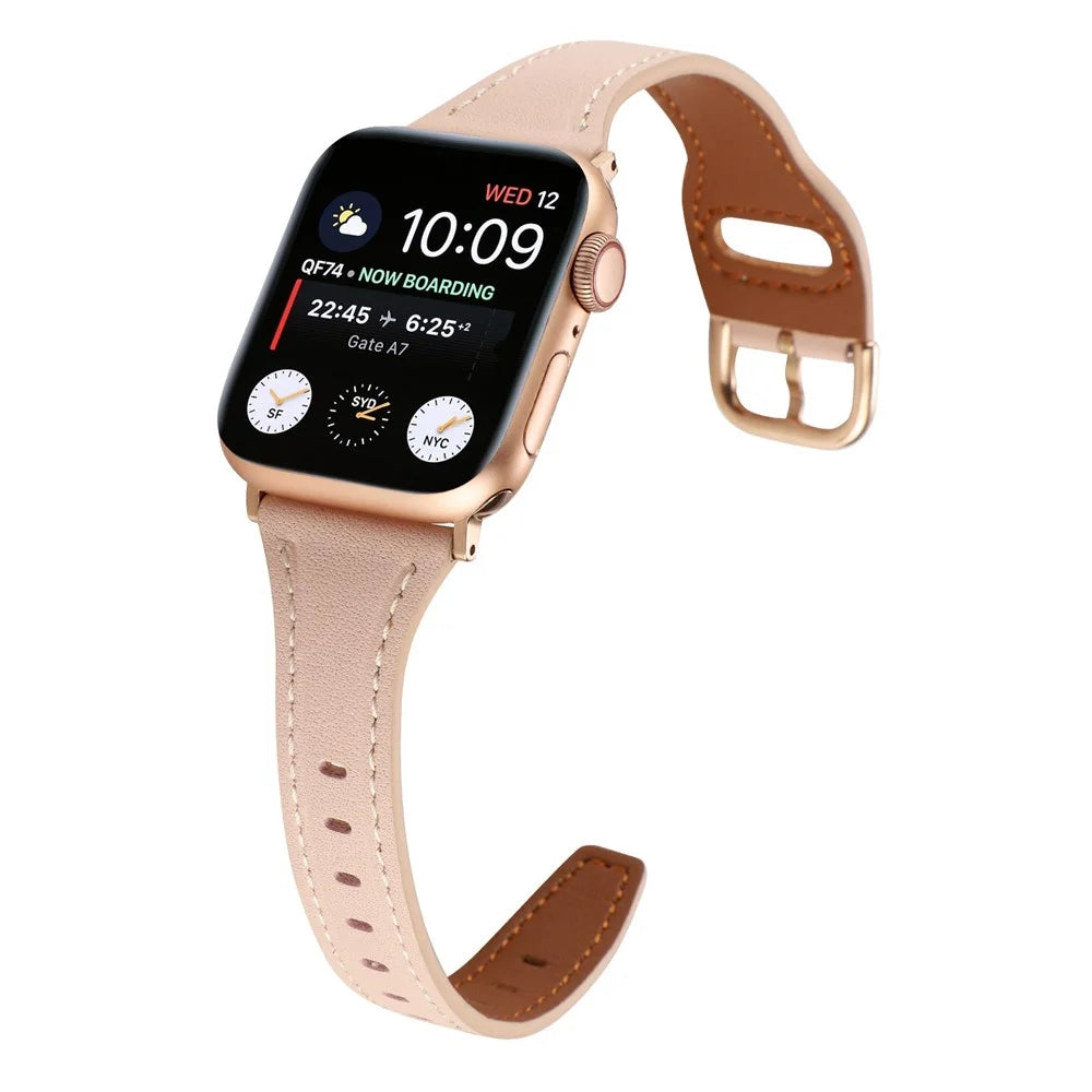 For Apple Watch Series 11 10 42mm / 9 8 7 41mm / SE3 SE2 SE 6 5 4 40mm / 3 2 1 38mm T-Shaped Watch Strap Genuine Leather Wrist Band - Pink - 2
