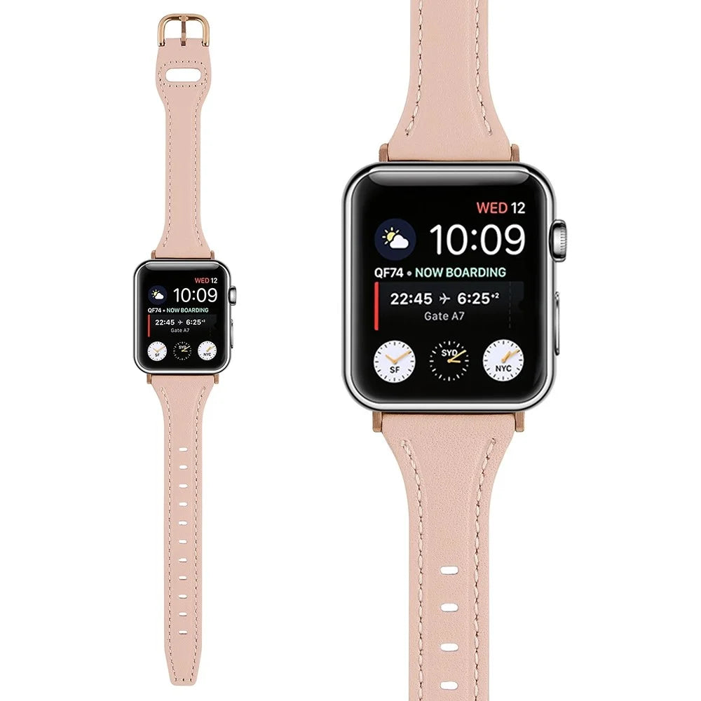 For Apple Watch Series 11 10 42mm / 9 8 7 41mm / SE3 SE2 SE 6 5 4 40mm / 3 2 1 38mm T-Shaped Watch Strap Genuine Leather Wrist Band - Pink - 4