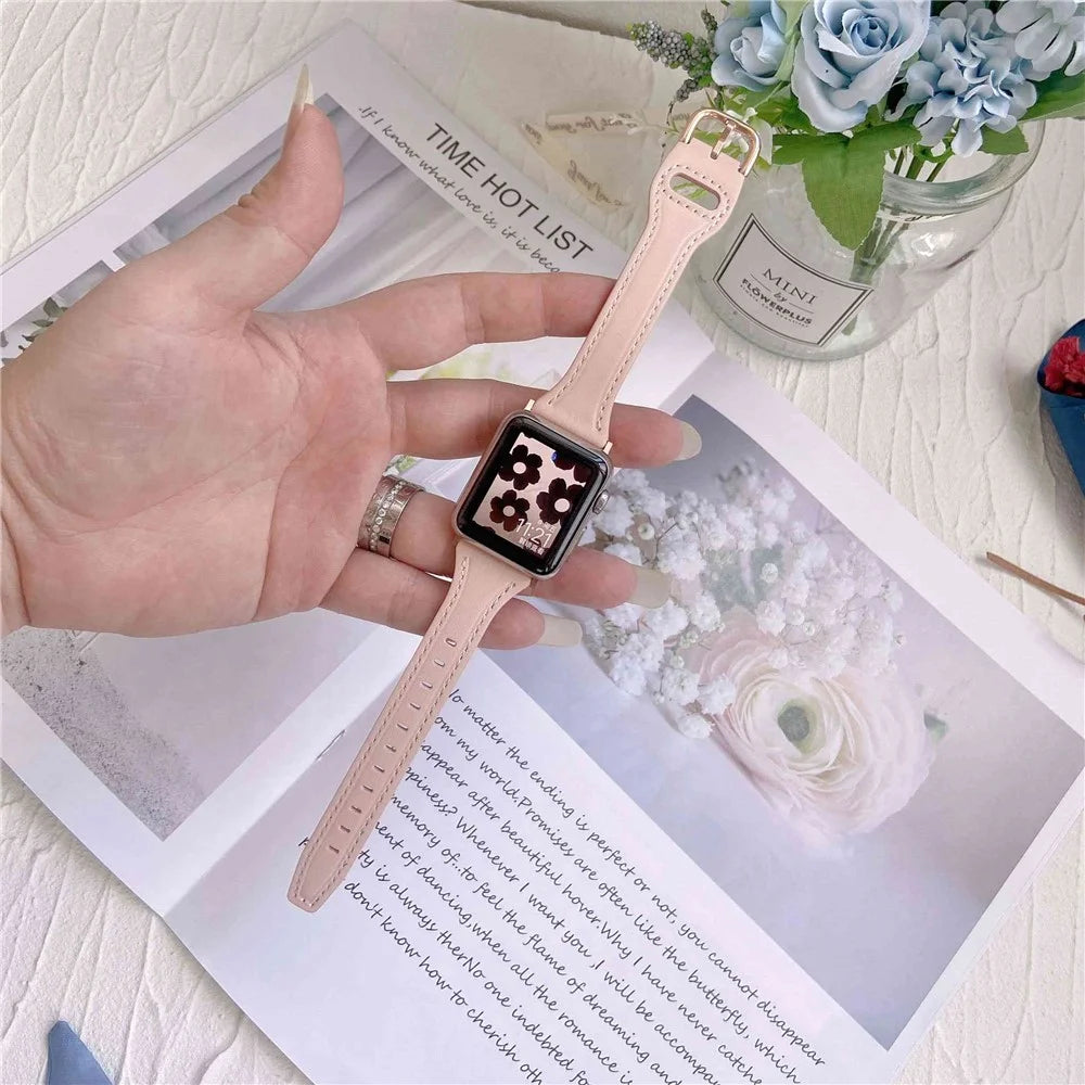 For Apple Watch Ultra 3 2 1 49mm / Series 11 10 46mm / 9 8 7 45mm / SE3 SE2 SE 6 5 4 44mm / 3 2 1 42mm T-Shaped Genuine Leather Watch Band Adjustable Wrist Strap - Pink - 5