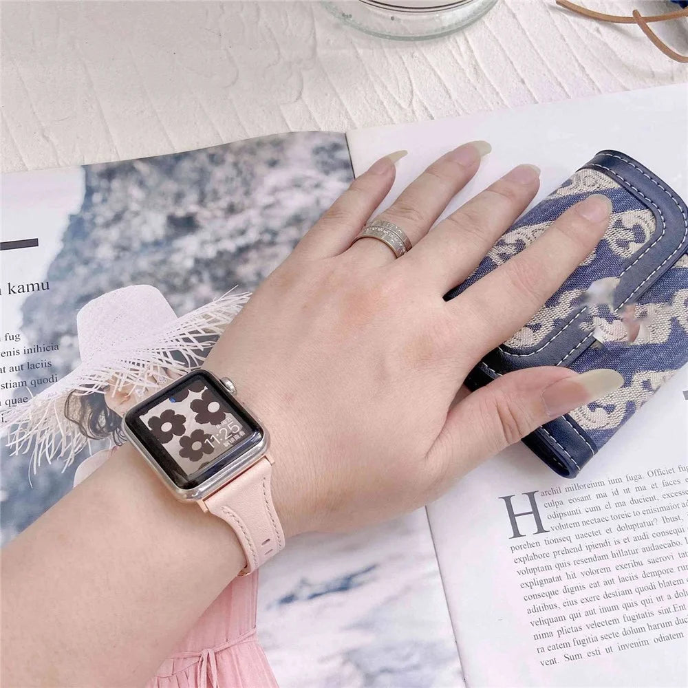 For Apple Watch Ultra 3 2 1 49mm / Series 11 10 46mm / 9 8 7 45mm / SE3 SE2 SE 6 5 4 44mm / 3 2 1 42mm T-Shaped Genuine Leather Watch Band Adjustable Wrist Strap - Pink - 7