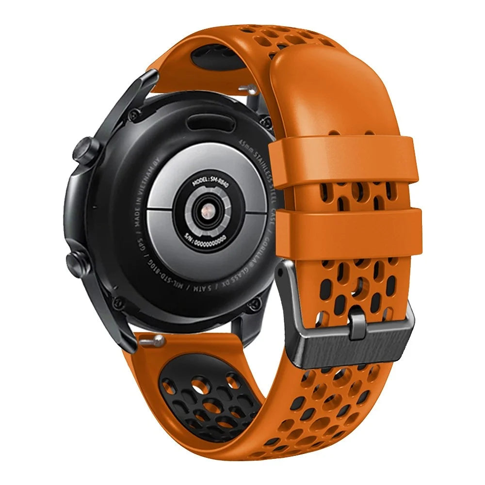 For Samsung Galaxy Watch3 45mm / Huawei Watch GT 3 Pro 46mm Watch Band 22mm Dual Color Silicone Wrist Strap with Five Rows Holes - Orange / Black - 1