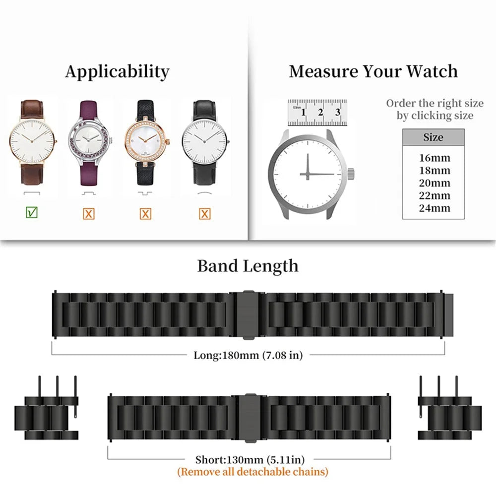 For Samsung Galaxy Watch6 40mm 44mm / Watch6 Classic 43mm 47mm / Watch 5 40mm 44mm / 5 Pro 45mm / Watch4 40mm 44mm Stainless Steel Three Rows Watch Strap Wrist Band with Buckle Design - Black - 6