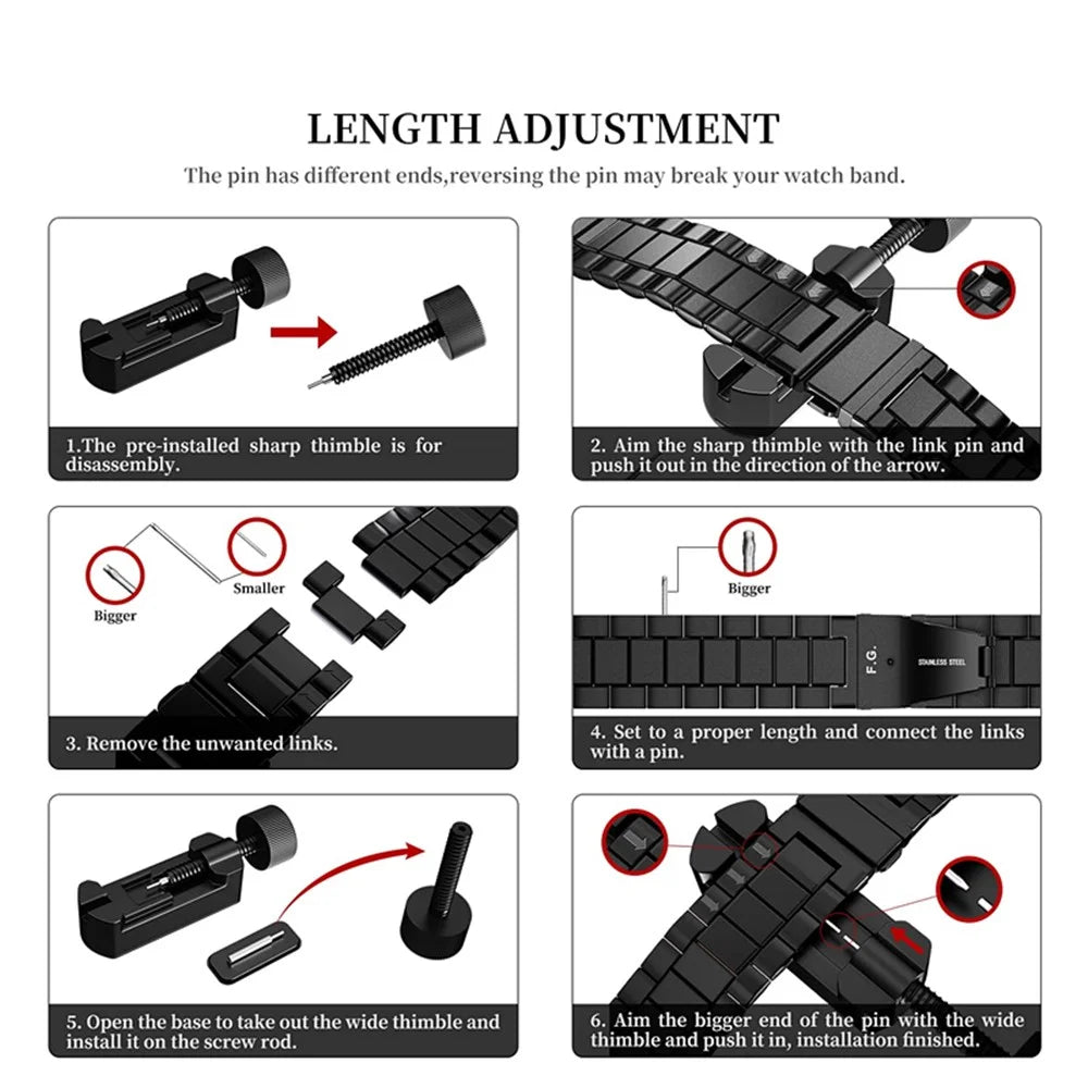 For Samsung Galaxy Watch6 40mm 44mm / Watch6 Classic 43mm 47mm / Watch 5 40mm 44mm / 5 Pro 45mm / Watch4 40mm 44mm Stainless Steel Three Rows Watch Strap Wrist Band with Buckle Design - Black - 7