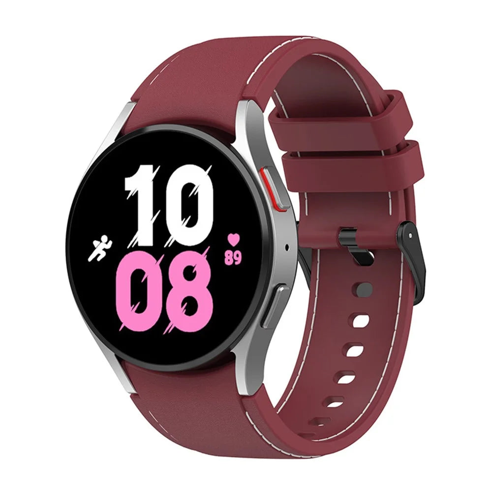 For Samsung Galaxy Watch6 40mm 44mm / Watch6 Classic 43mm 47mm / Watch 5 40mm 44mm / 5 Pro 45mm / Watch4 40mm 44mm Silicone Watch Band Stitching Line Black Buckle Wrist Strap Replacement, Size S - Wine Red / White - 2