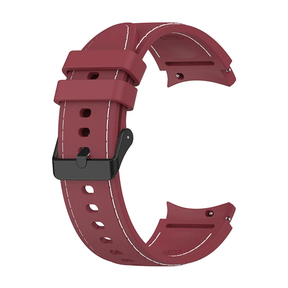 For Samsung Galaxy Watch6 40mm 44mm / Watch6 Classic 43mm 47mm / Watch 5 40mm 44mm / 5 Pro 45mm / Watch4 40mm 44mm Silicone Watch Band Stitching Line Black Buckle Wrist Strap Replacement, Size S - Wine Red / White - 3