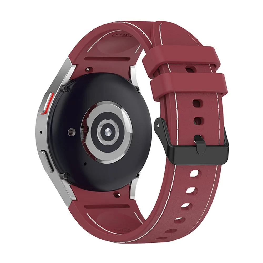 For Samsung Galaxy Watch6 40mm 44mm / Watch6 Classic 43mm 47mm / Watch 5 40mm 44mm / 5 Pro 45mm / Watch4 40mm 44mm Silicone Watch Band Stitching Line Black Buckle Wrist Strap Replacement, Size S - Wine Red / White - 4