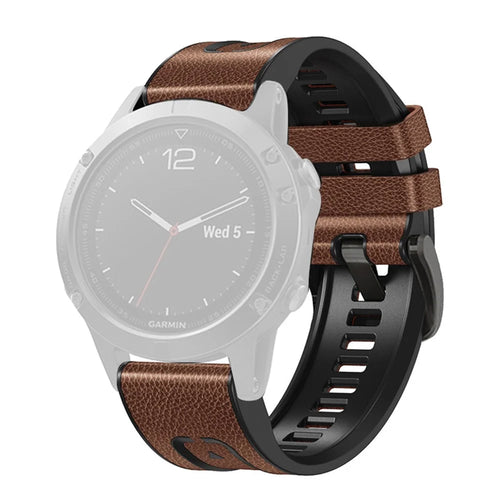 For Garmin Fenix 7X Quick Release Leather Coated Silicone Watch Band Replacement Wrist Strap 26mm - Brown - 1