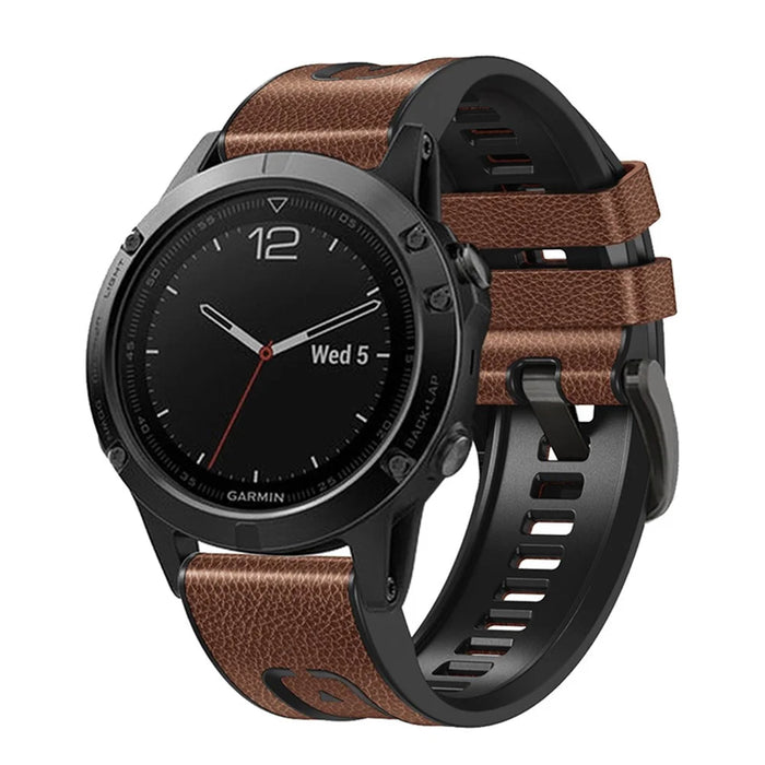 For Garmin Fenix 7X Quick Release Leather Coated Silicone Watch Band Replacement Wrist Strap 26mm - Brown - 2