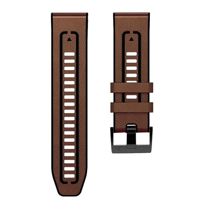 For Garmin Fenix 7X Quick Release Leather Coated Silicone Watch Band Replacement Wrist Strap 26mm - Brown - 3