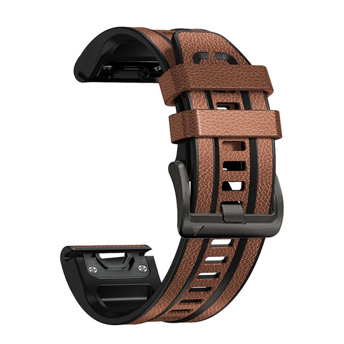 For Garmin Fenix 7X Quick Release Leather Coated Silicone Watch Band Replacement Wrist Strap 26mm - Brown - 5
