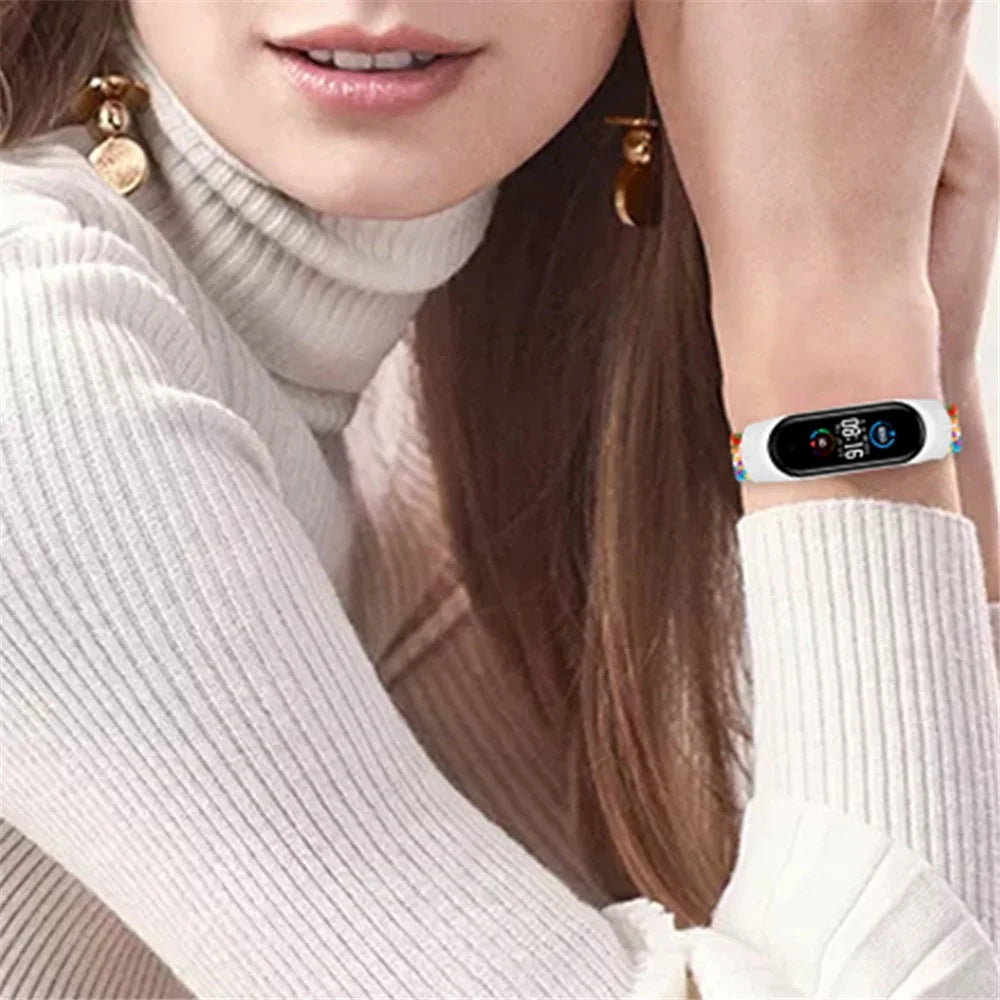 For Xiaomi Mi Band 5 / Band 6 / Band 7 Stretchy Nylon Solo Loop Band Adjustable Braided Sport Elastics Strap - Colorful Green - 4