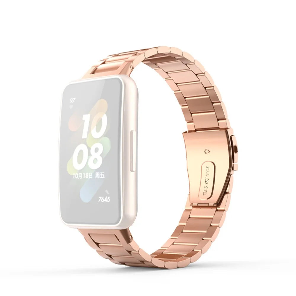 For Huawei Band 7 Three Beads Stainless Steel Anti-scratch Smart Watch Band Replacement Wrist Strap - Rose Gold - 1