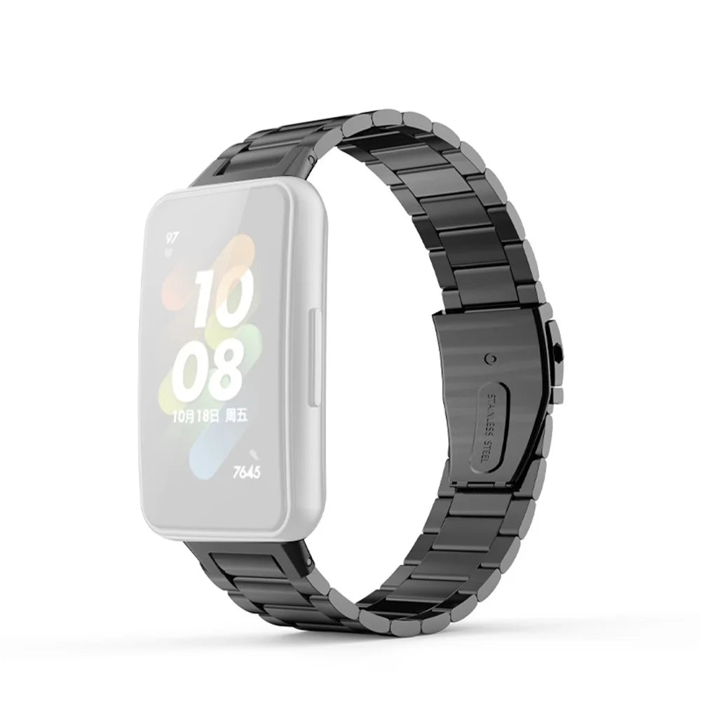 For Huawei Band 7 Three Beads Stainless Steel Smart Watch Band Replacement Anti-wear Wrist Strap - Black - 1