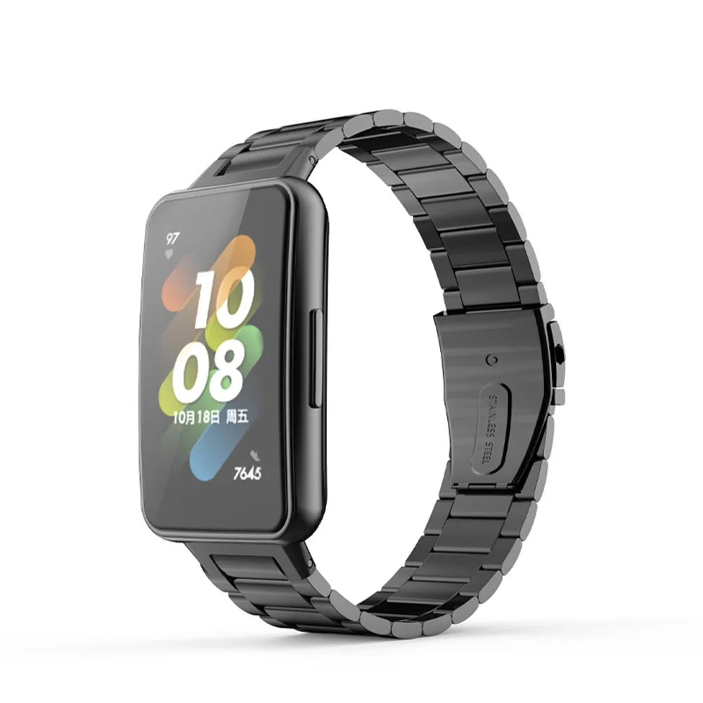 For Huawei Band 7 Three Beads Stainless Steel Smart Watch Band Replacement Anti-wear Wrist Strap - Black - 2