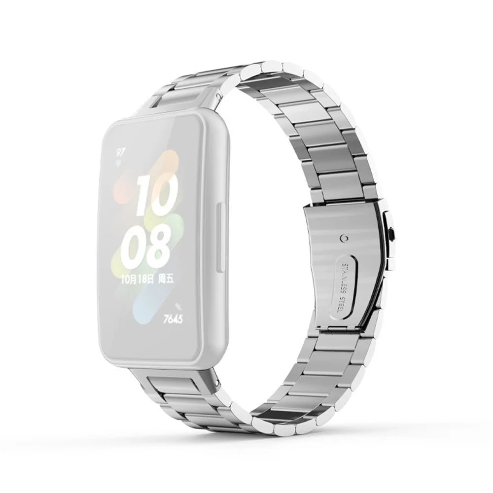 For Huawei Band 7 Three Beads Watch Band Replacement Stainless Steel Anti-scratch Wrist Strap - Silver - 1