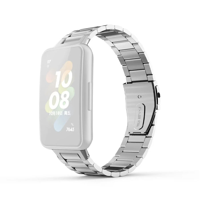 For Huawei Band 7 Three Beads Watch Band Replacement Stainless Steel Anti-scratch Wrist Strap - Silver - 1