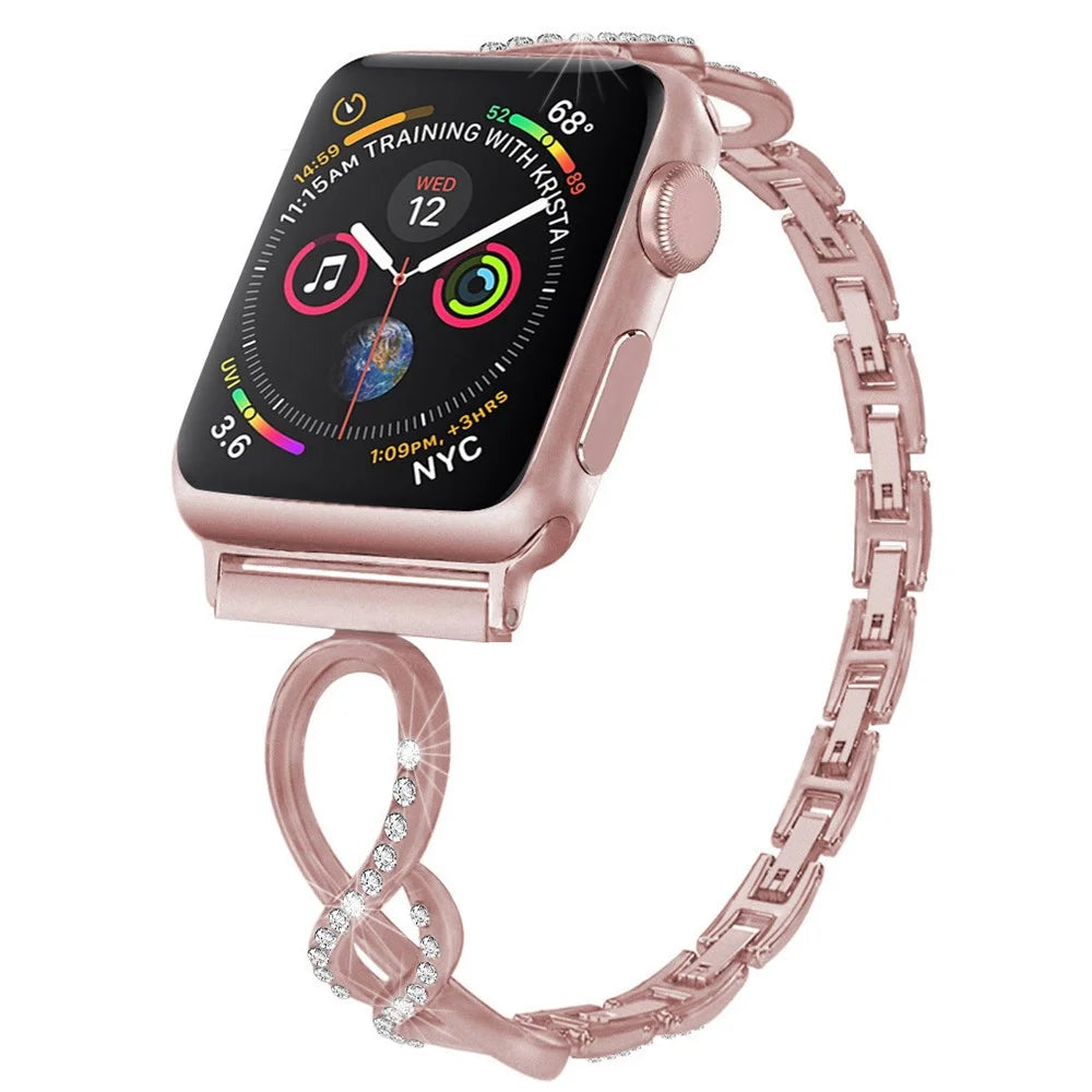 For Apple Watch Ultra 3 2 1 49mm / Series 11 10 46mm / 9 8 7 45mm / SE3 SE2 SE 6 5 4 44mm / 3 2 1 42mm Metal Smart Watch Band Bling Rhinestone Decor Bracelet - Pink - 3
