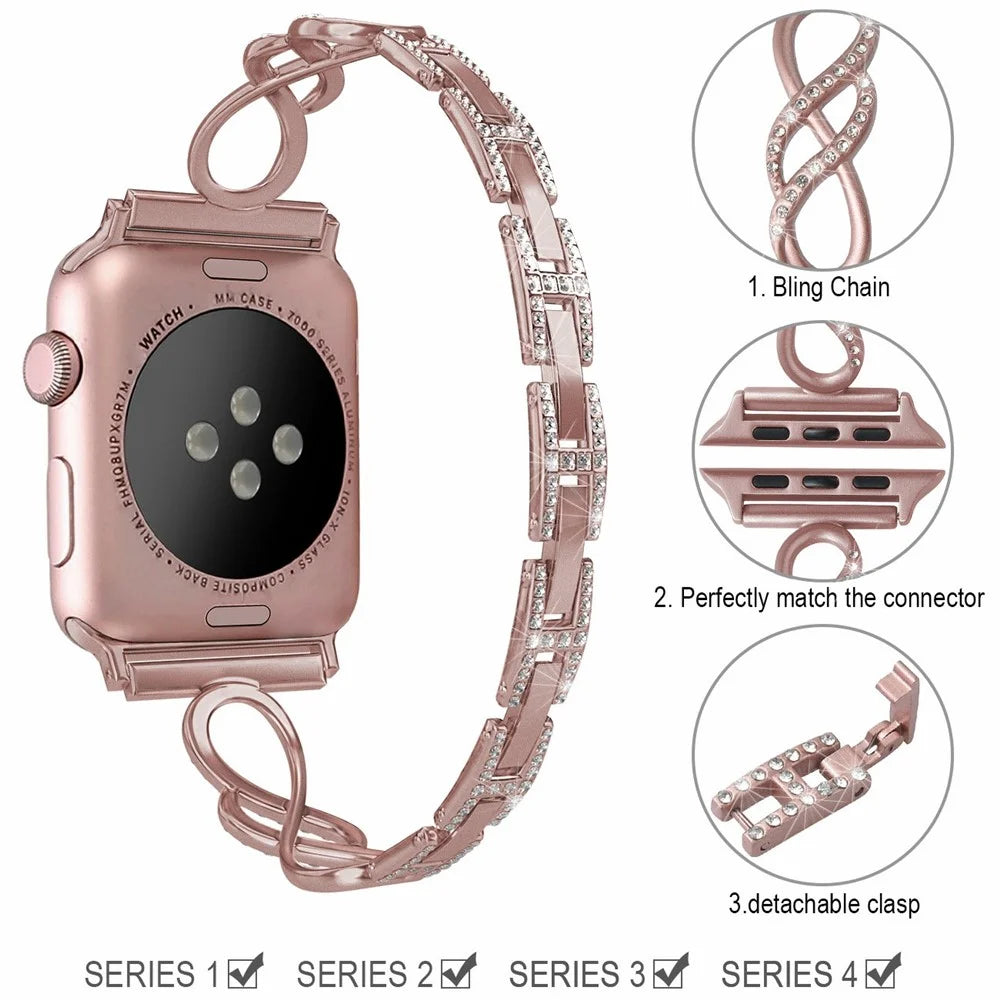 For Apple Watch Ultra 3 2 1 49mm / Series 11 10 46mm / 9 8 7 45mm / SE3 SE2 SE 6 5 4 44mm / 3 2 1 42mm Metal Smart Watch Band Bling Rhinestone Decor Bracelet - Pink - 4