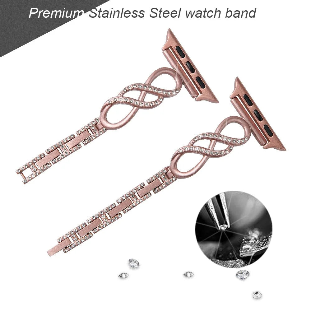 For Apple Watch Series 11 10 42mm / 9 8 7 41mm / SE3 SE2 SE 6 5 4 40mm / 3 2 1 38mm Metal Anti-Wear Smart Watch Band Rhinestone Decor Wrist Strap - Pink - 2