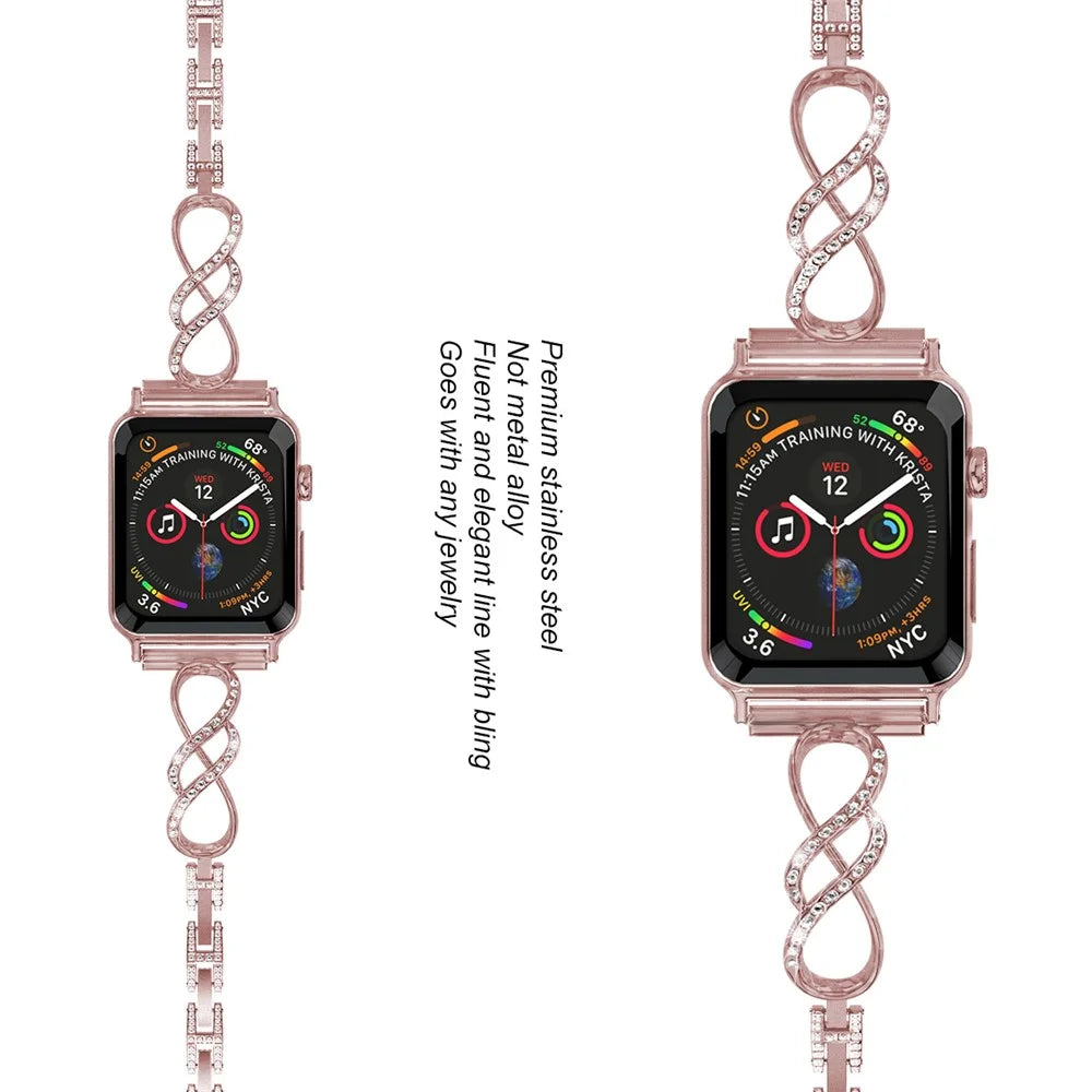 For Apple Watch Series 11 10 42mm / 9 8 7 41mm / SE3 SE2 SE 6 5 4 40mm / 3 2 1 38mm Metal Anti-Wear Smart Watch Band Rhinestone Decor Wrist Strap - Pink - 5
